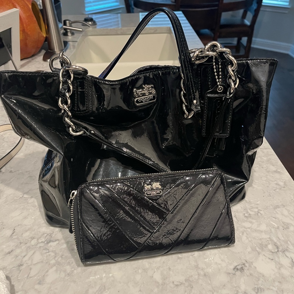 Coach Black Patent Leather Tote and Wallet Set
